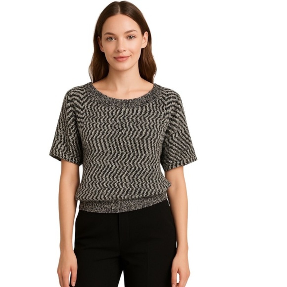 LOFT Black White Textured Knit Short Sleeve Sweater Top S Party Office 66-32